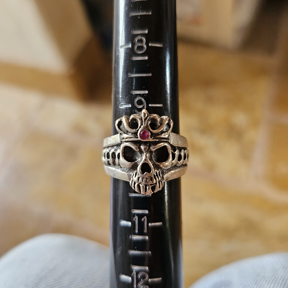 Silver Skull Ring with Crown and Red Gem